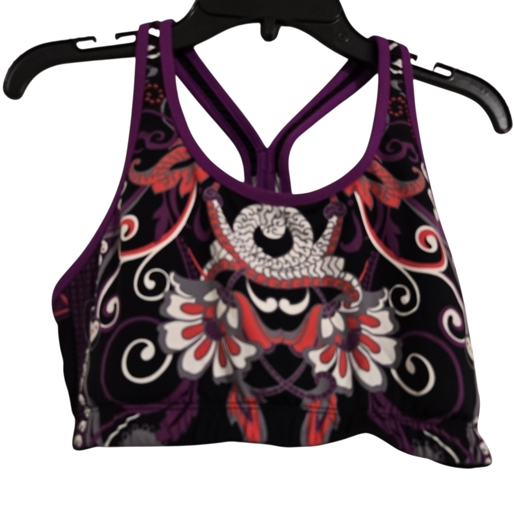 Athleta Black and Red Purple White Floral Sports Bra Workout Athleisure